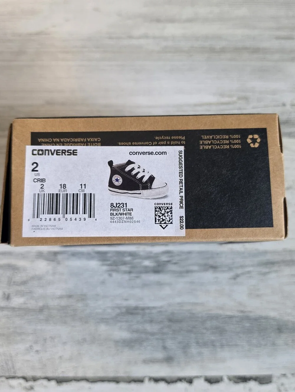 Converse First Star Baby Crib Shoes Size 2 3-6M Black White Chuck Taylor w Box